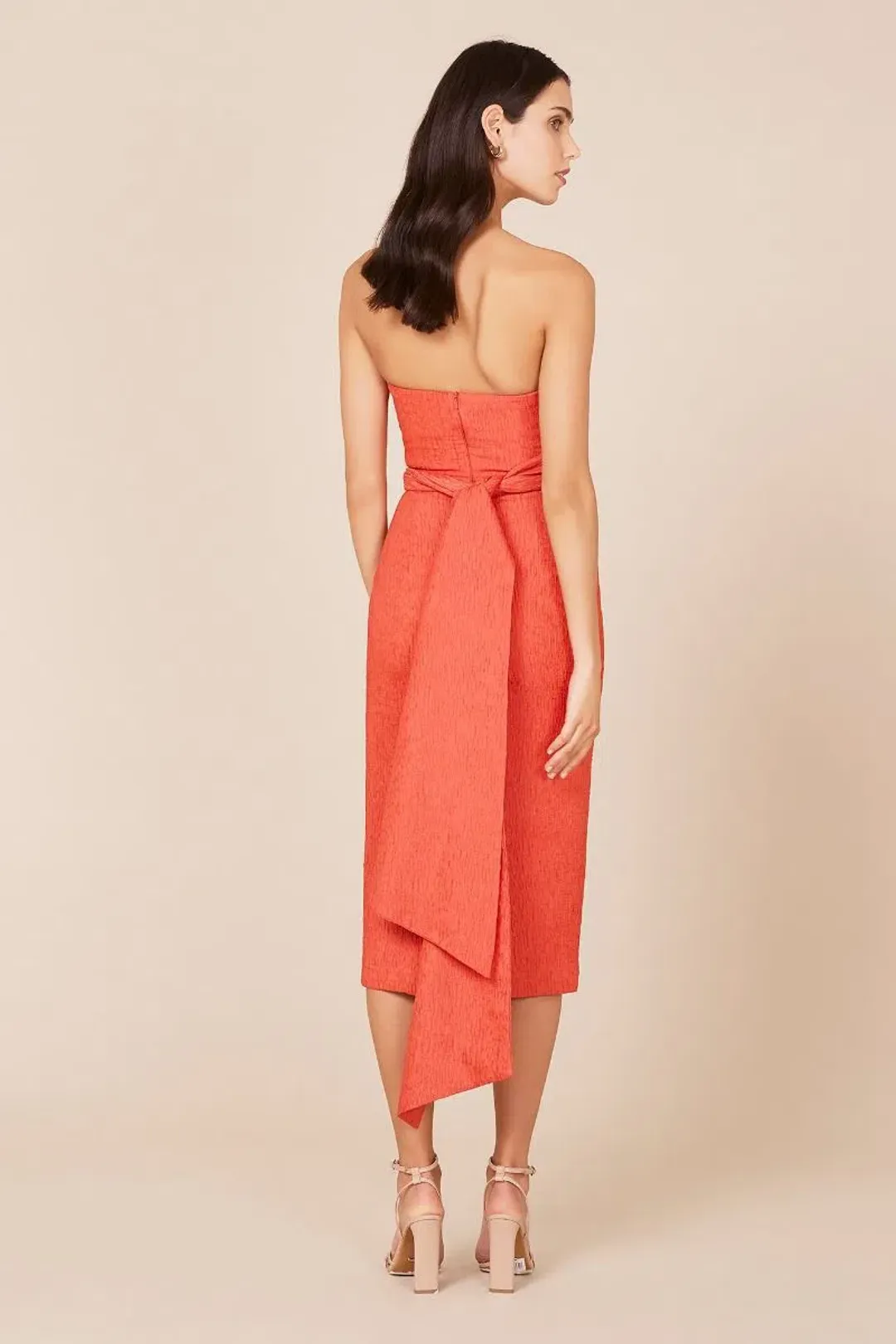 Rebecca Vallance Francesca Tie Midi Dress Coral Strapless Bow Crepe Size 12 for rent on The Volte - main image