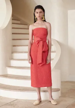 Rebecca Vallance Francesca Tie Midi Dress Coral Strapless Bow Crepe Size 12 for rent on The Volte - image 1