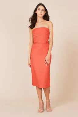 Rebecca Vallance Francesca Tie Midi Dress Coral Strapless Bow Crepe Size 12 for rent on The Volte - image 2