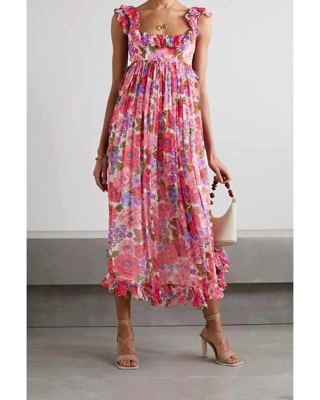 Zimmermann Poppy Frill Edge Midi Dress Pink Floral Size 0 / Au 8 for rent on The Volte - main image