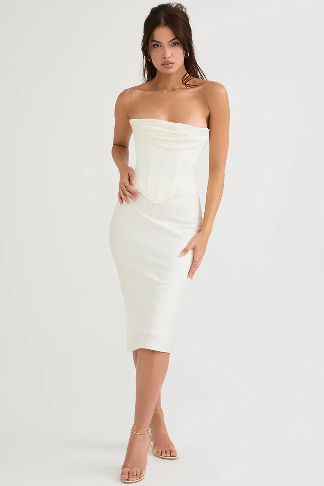 House Of Cb Sienna Satin Strapless Dress Ivory Size M/Au 10 for rent on The Volte - main image