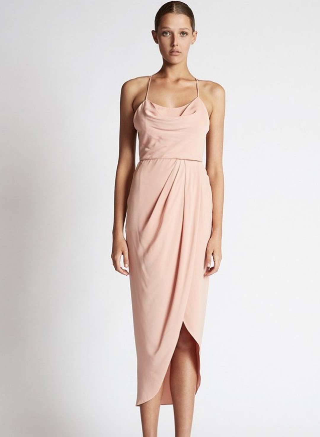 Shona joy lace up dress, cowl neck, dusty pink for rent on The Volte - main image