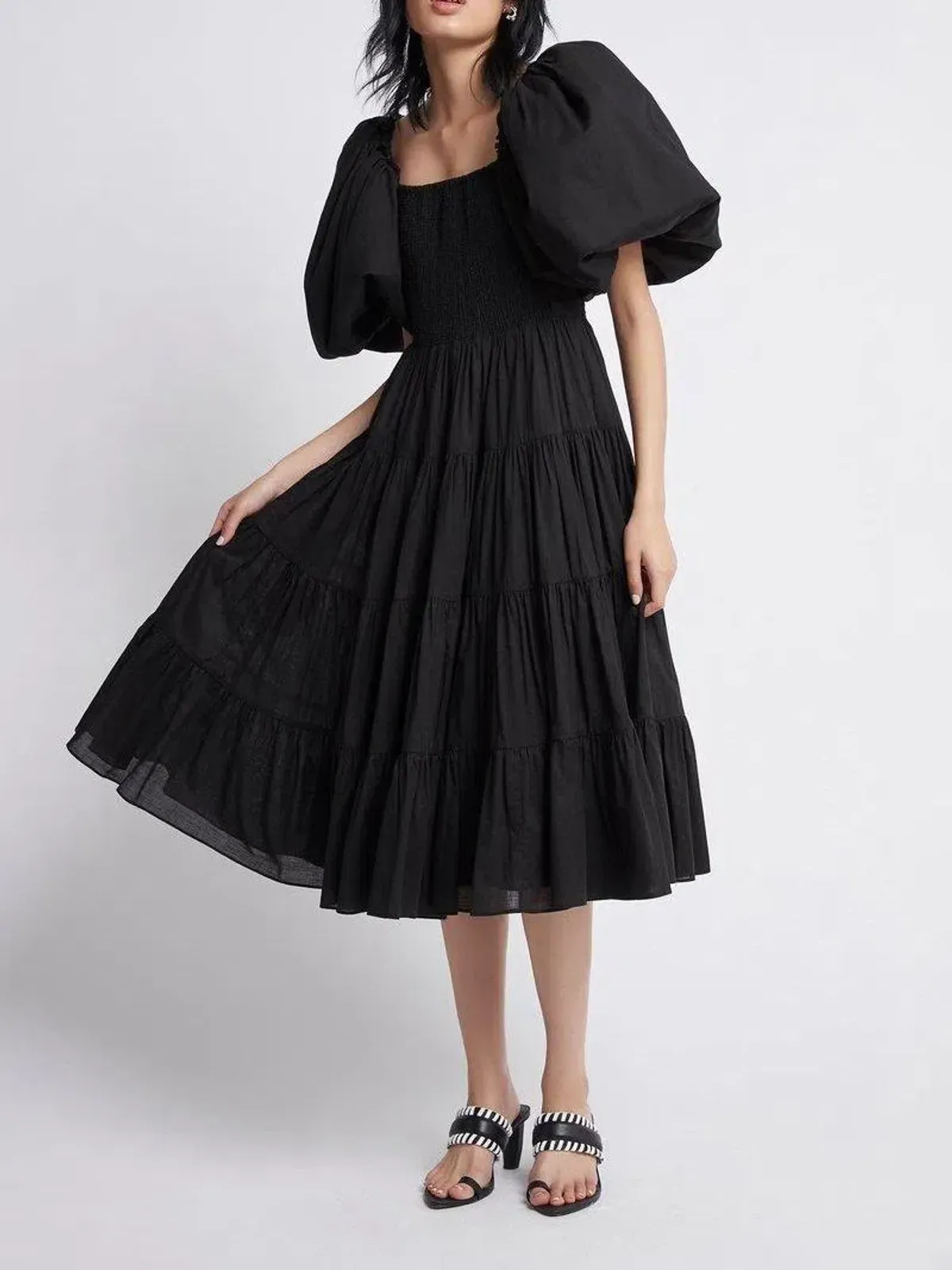 Aje Cherished Casa Puff Sleeve Midi Dress Black Tiered Size AU 8 - Image 1