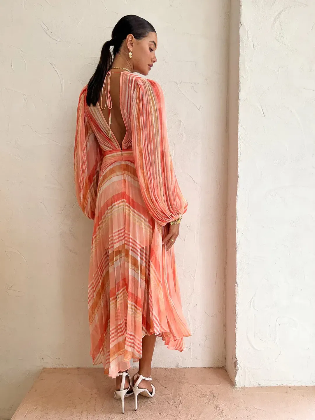 Acler Astone Dress Geo Stripe Orange Size AU 14 for rent on The Volte - main image