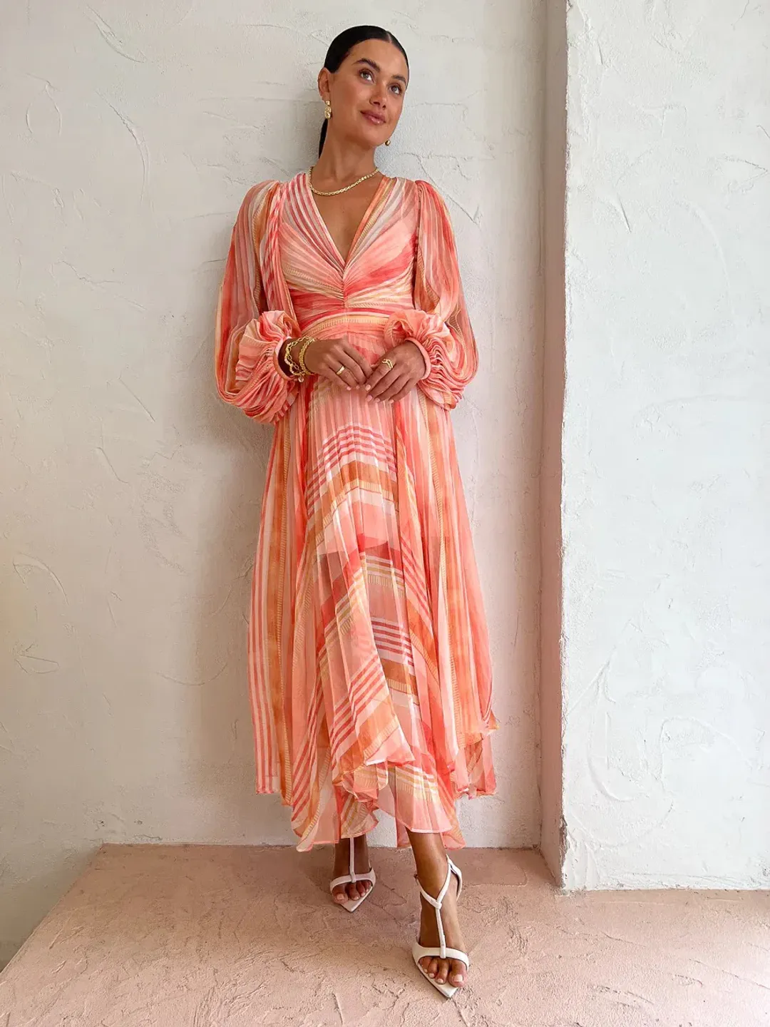 Acler Astone Dress Geo Stripe Orange Size AU 14 for rent on The Volte - main image