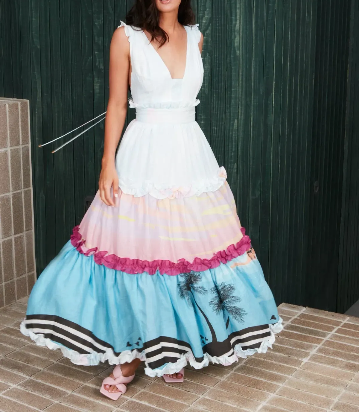 Mackenzie Mode Linen Ruffle Dress Multi Size 10 - Image 1