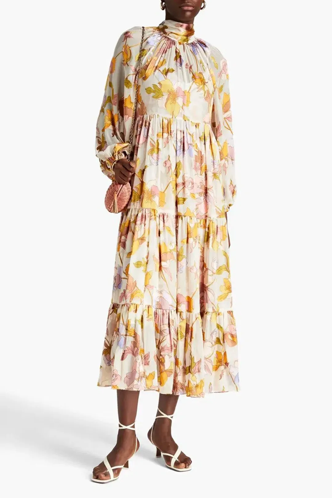 Zimmermann Tempo Gathered Floral Print Fil Coupé Chiffon Midi Dress Size 0/Au 8 for rent on The Volte - main image