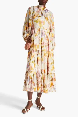 Zimmermann Tempo Gathered Floral Print Fil Coupé Chiffon Midi Dress Size 0/Au 8 for rent on The Volte - image 1