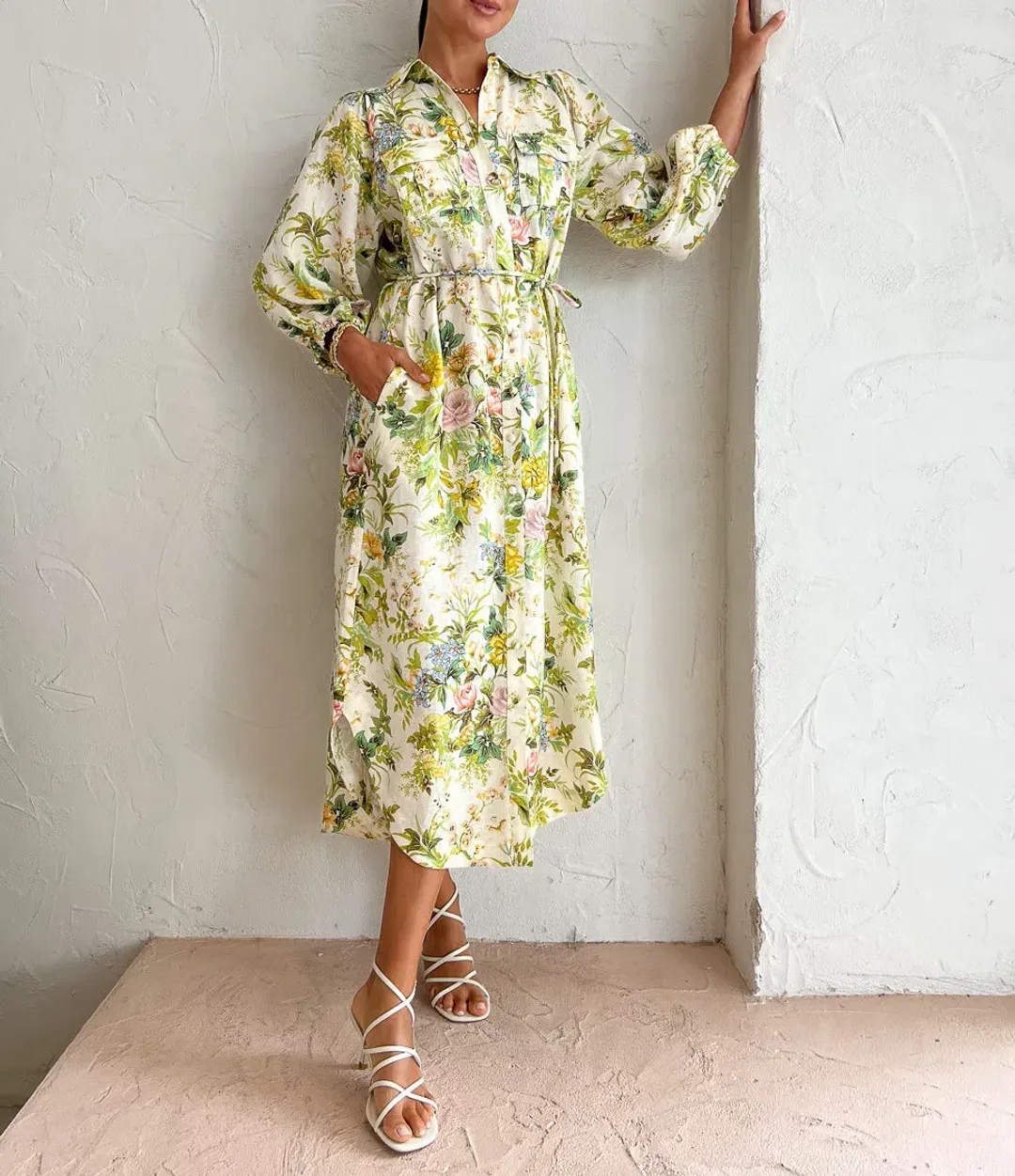 Alemais Eden Midi Shirt Dress Belted Floral Print Linen Size AU 10 for rent on The Volte - main image