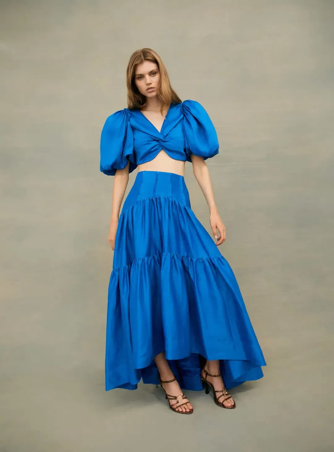 Aje Reverb Gathered Midi Skirt & Reverb Puff Sleeve Cropped Top Set Blue Size 4 for rent on The Volte - main image