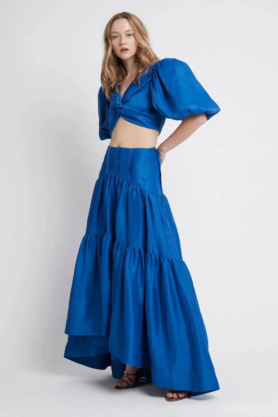 Aje Reverb Gathered Midi Skirt & Reverb Puff Sleeve Cropped Top Set Blue Size 4 for rent on The Volte - main image