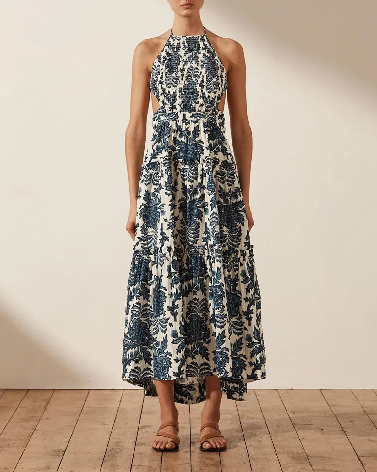 Shona Joy Diana Shirred Backless Midi Dress Floral Size 16 - Image 1