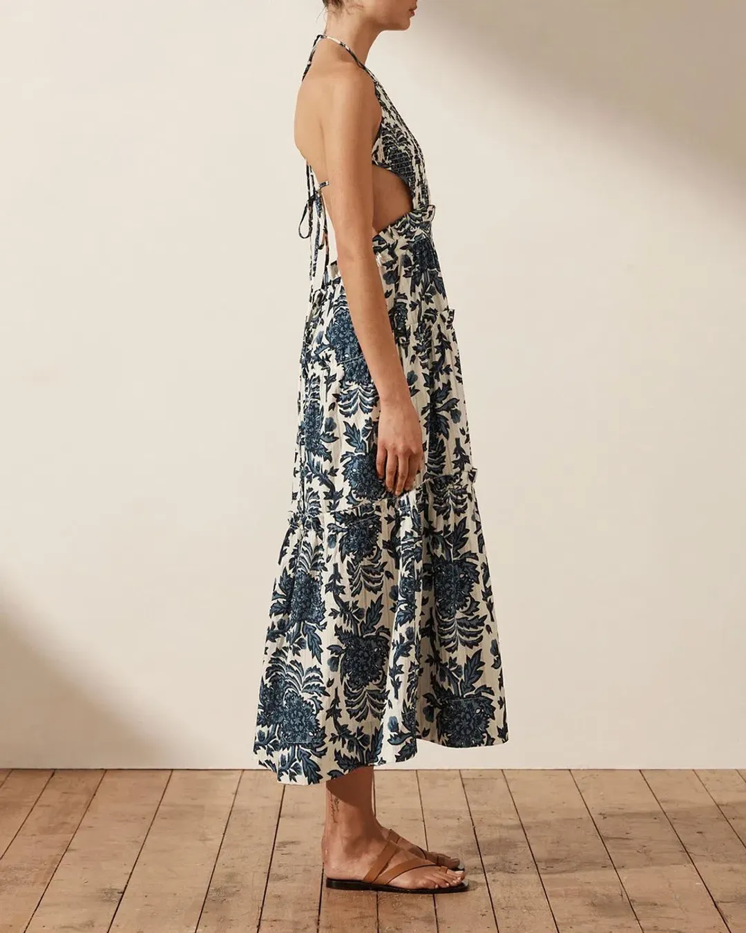 Shona Joy Diana Shirred Backless Midi Dress Floral Size 16 for rent on The Volte - main image