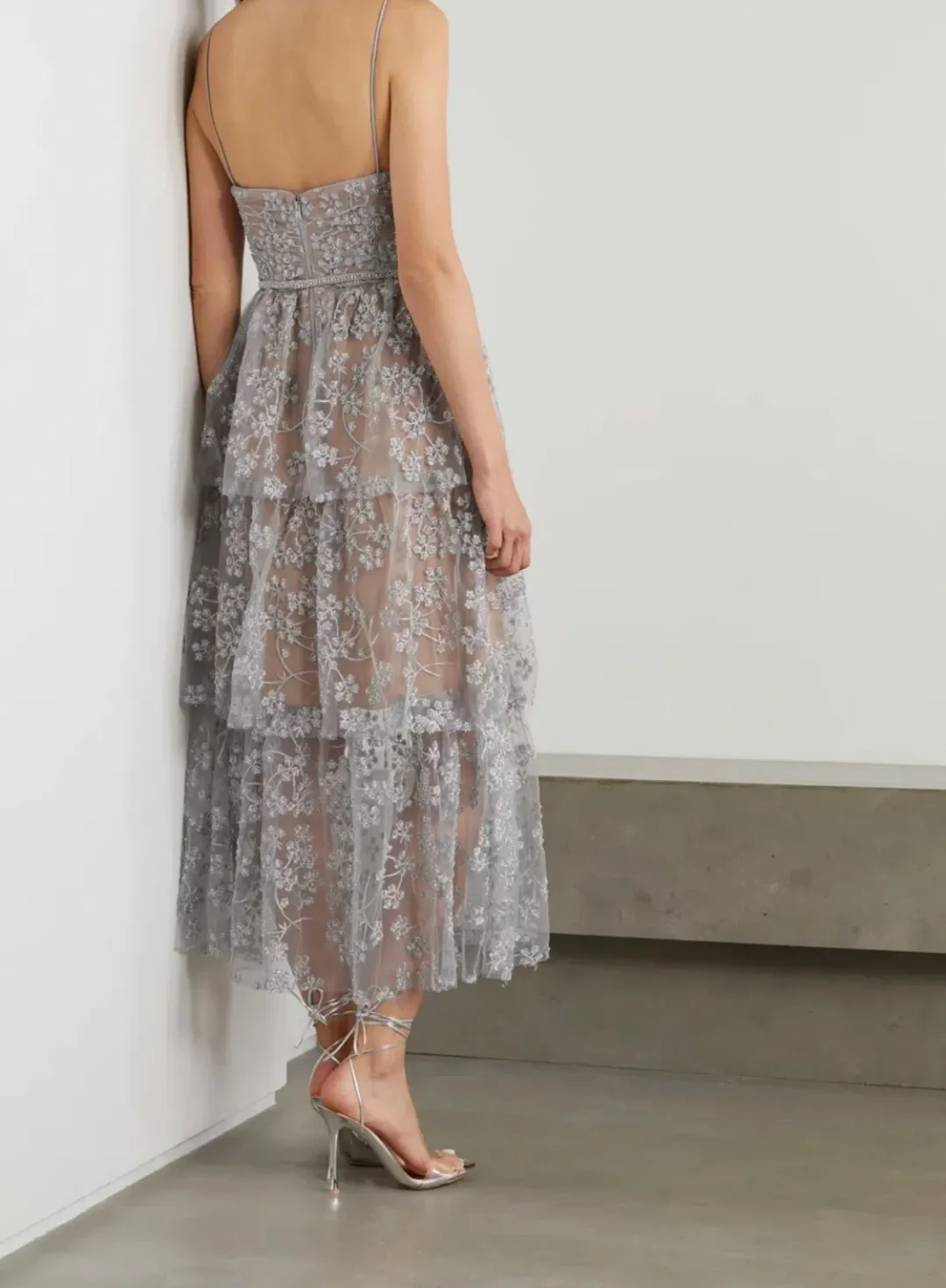 Self-Portrait Tiered Metallic Tulle Midi Dress Silver Size 12 for rent on The Volte - main image
