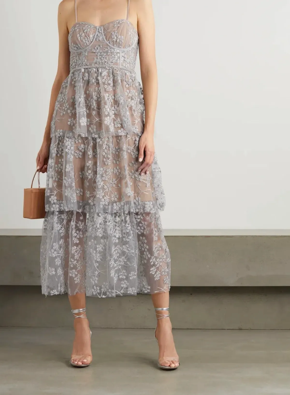 Self-Portrait Tiered Metallic Tulle Midi Dress Silver Size 12 for rent on The Volte - main image
