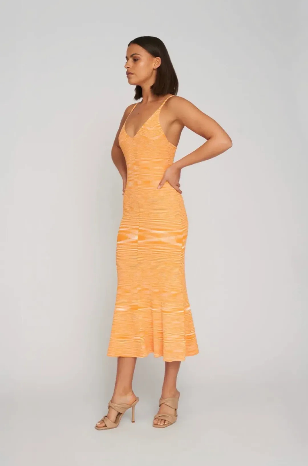 By Johnny V Flare Knit Midi Dress In Mandarin Marle Size M/Au 10 for rent on The Volte - main image