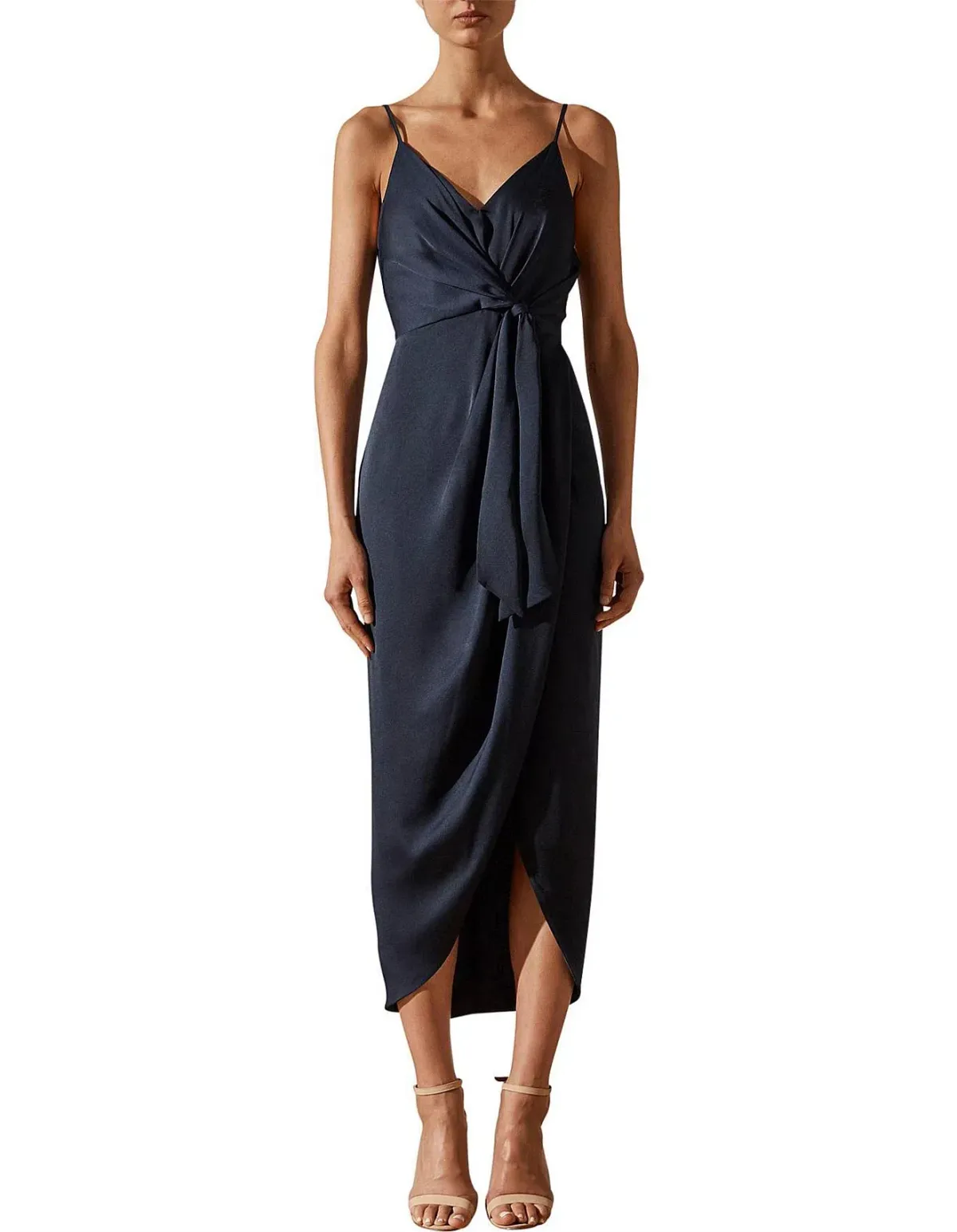 Shona Joy Luxe Tie Front Cocktail Midi Dress Navy Size 8 - Image 1