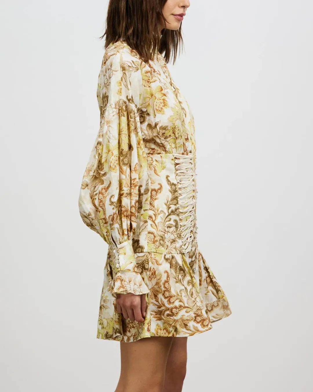Alémais Bernadette Corset Mini Dress Long Sleeve Linen Print Size 8 for rent on The Volte - main image