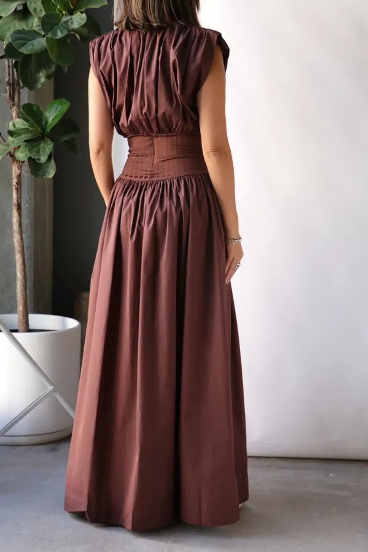 Esse Studios Cotton Rib Gathered Dress Brown Size 8 - Image 2