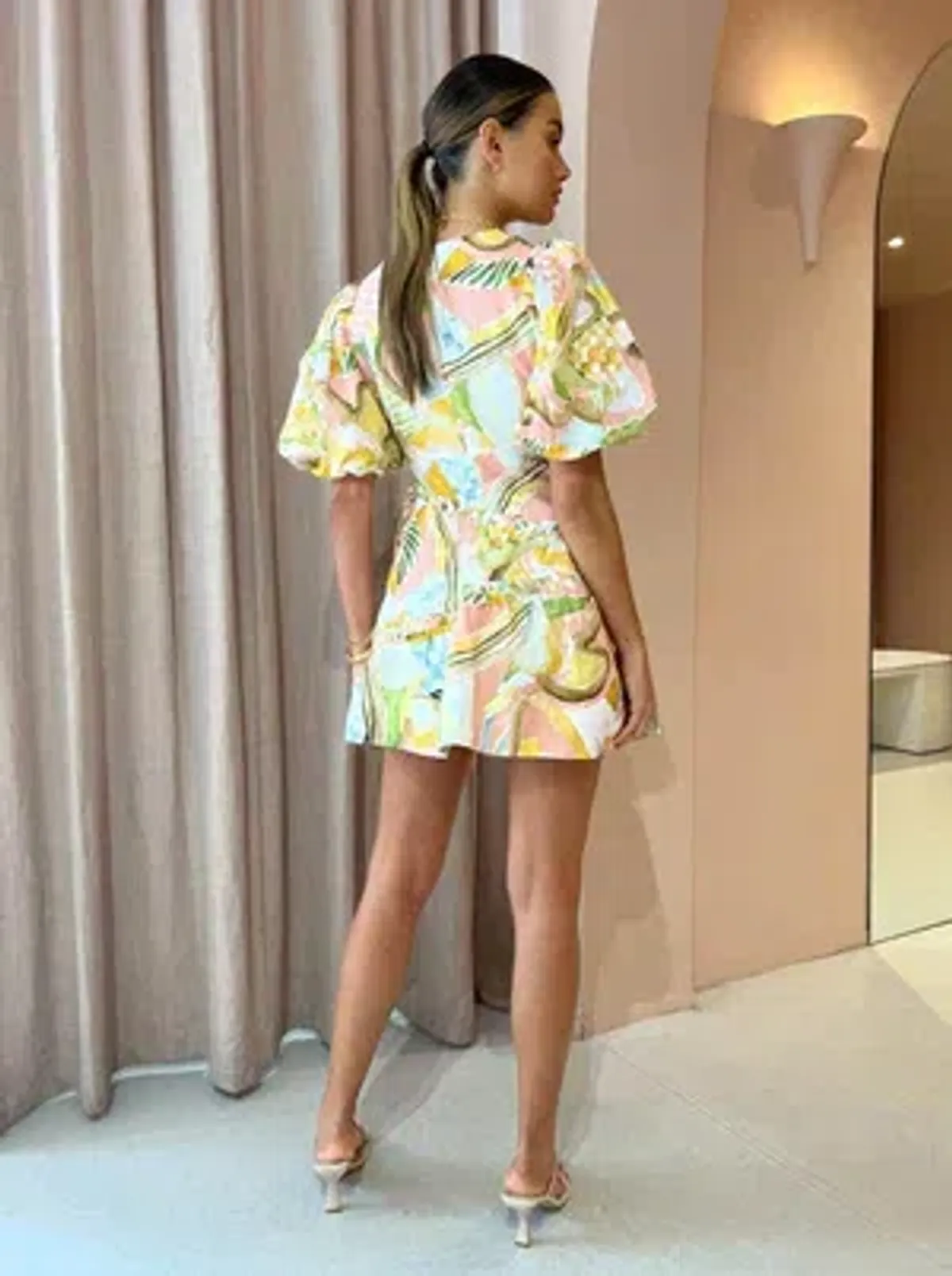 By Nicola Sol Puff Mini Dress in Swirl Check Multi-Colored Size AU 8 - Image 2