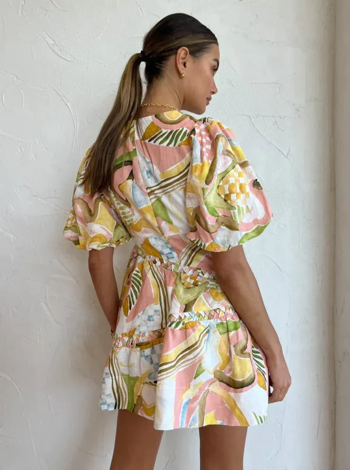 By Nicola Sol Puff Mini Dress in Swirl Check Multi-Colored Size AU 8 - Image 4