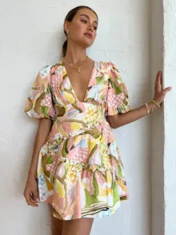 By Nicola Sol Puff Mini Dress in Swirl Check Multi-Colored Size AU 8 for rent on The Volte - image 3