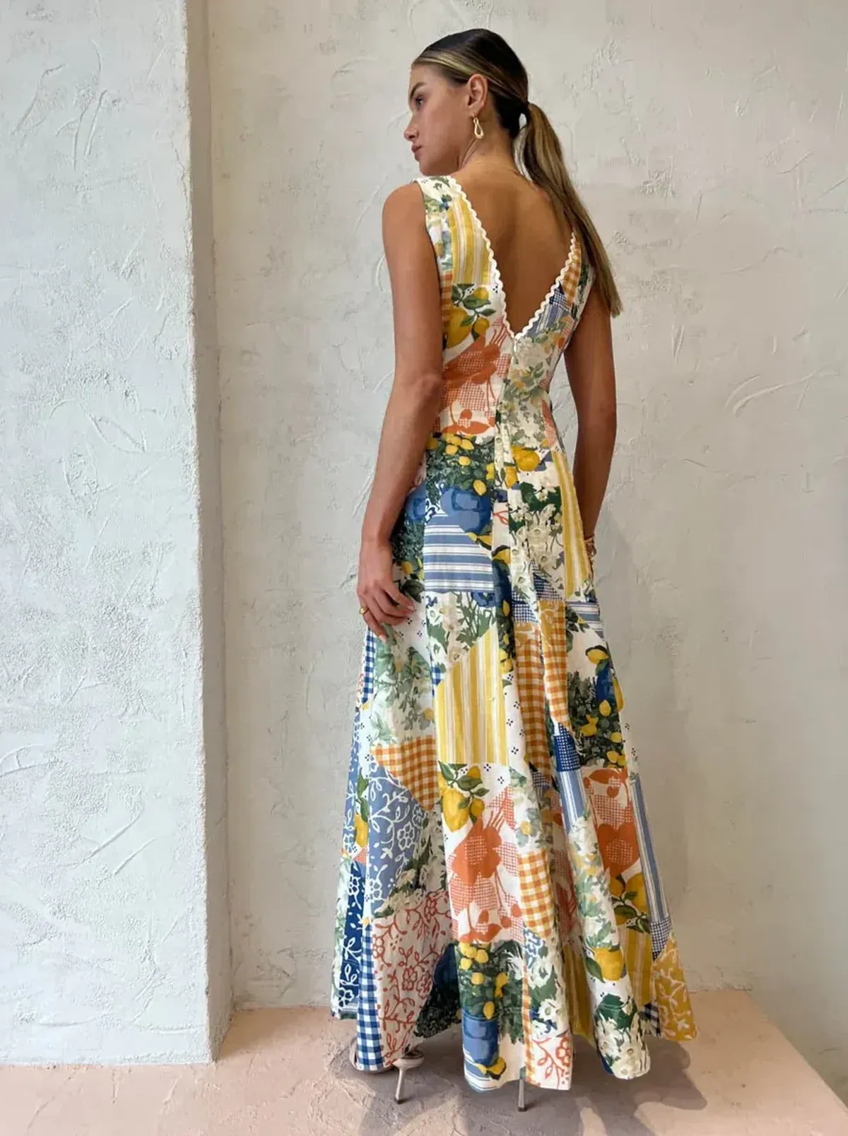 By Nicola Wavy Maxi Dress in Lemon Patchwork Multi-Colored Size AU 10 - Image 4