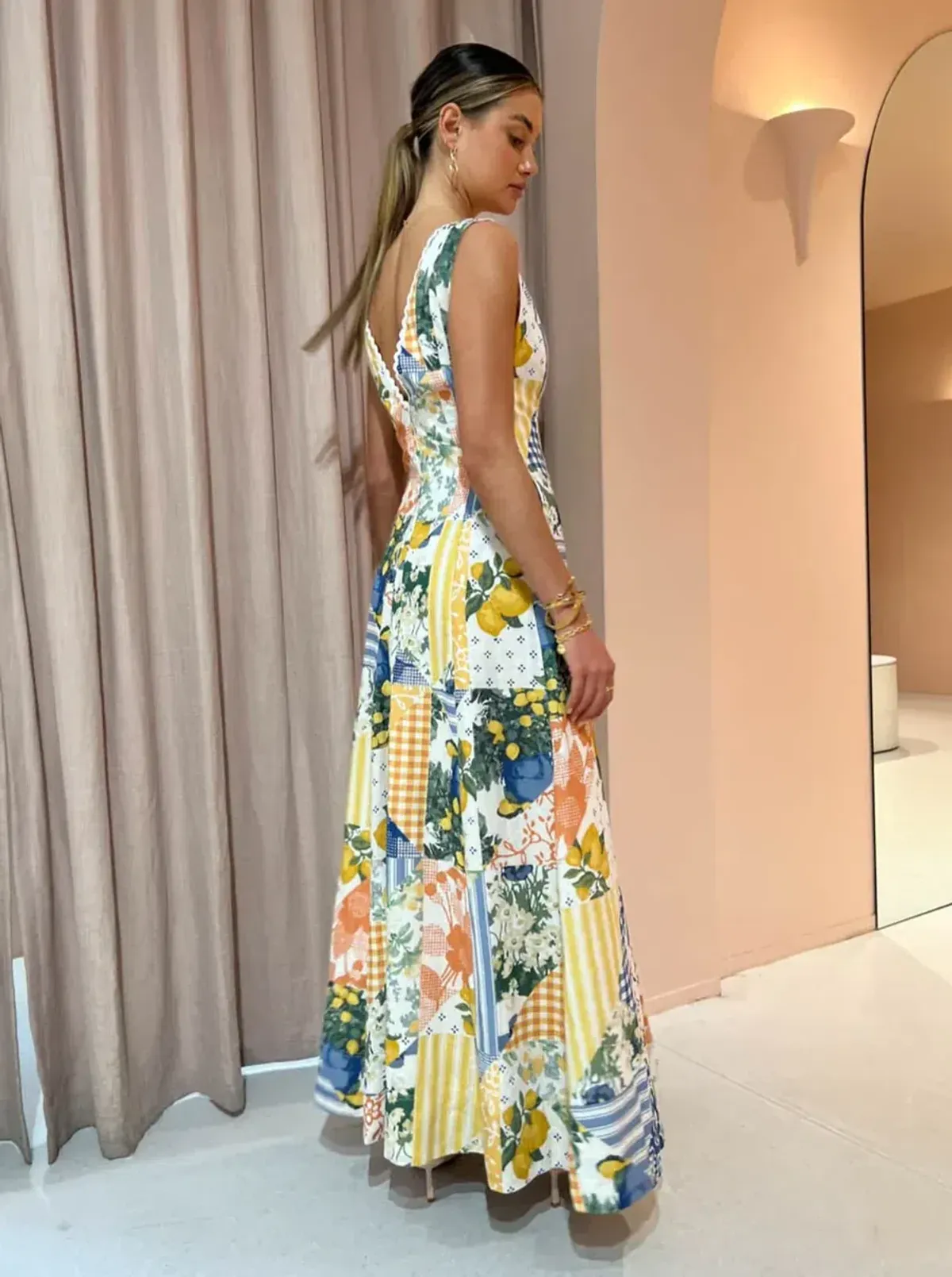 By Nicola Wavy Maxi Dress in Lemon Patchwork Multi-Colored Size AU 10 - Image 3