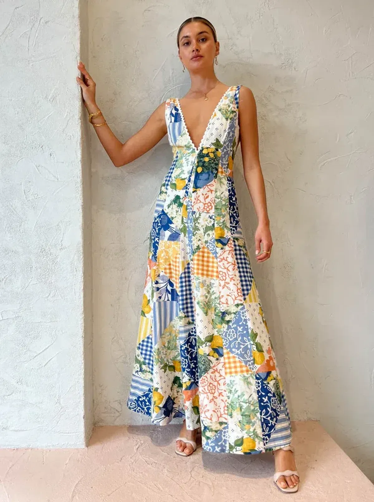 By Nicola Wavy Maxi Dress in Lemon Patchwork Multi-Colored Size AU 10 - Image 1