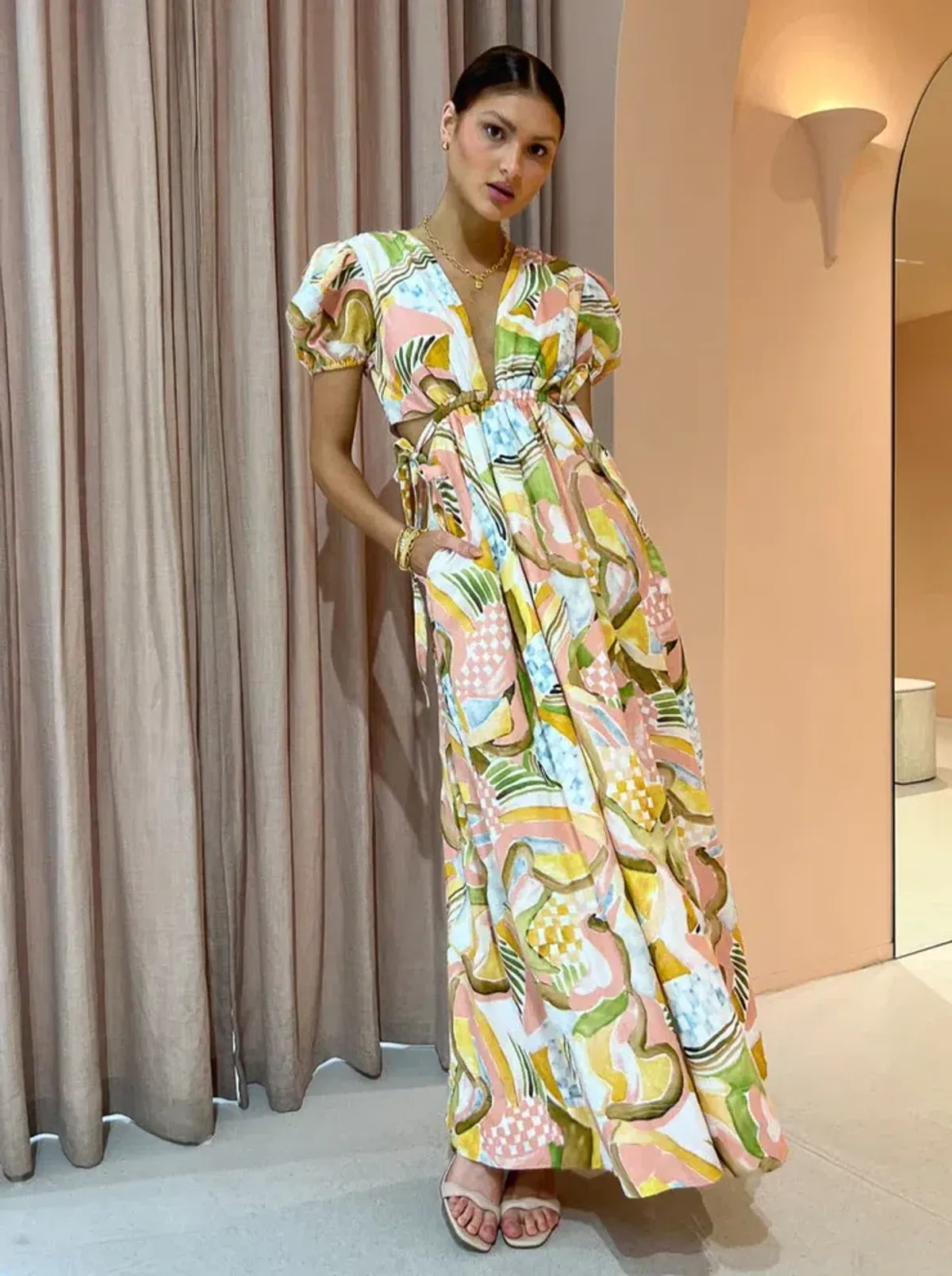 By Nicola Ahoy Plunge Neckline Maxi Dress in Swirl Check Multi-Colored Size AU 10 for rent on The Volte - main image
