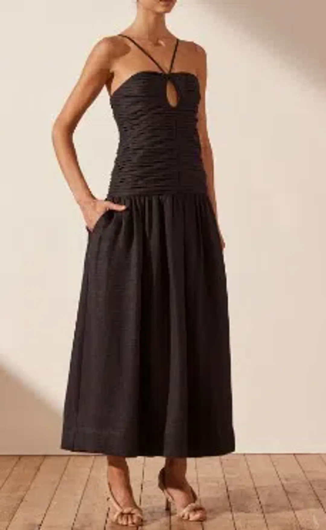 Shona Joy Thea Linen Keyhole Midi Dress Black Size AU 8 for rent on The Volte - main image