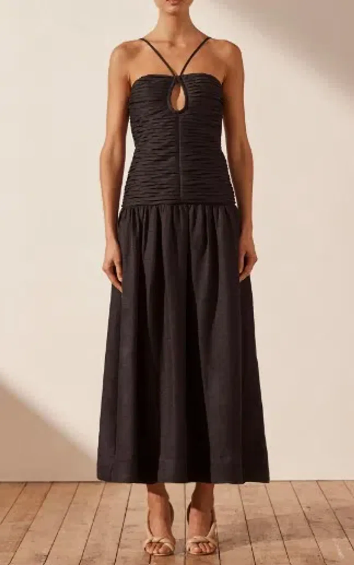 Shona Joy Thea Linen Keyhole Midi Dress Black Size AU 8 for rent on The Volte - main image