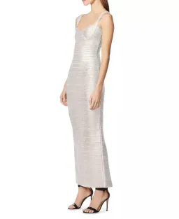 Herve Leger Sweetheart Banded Foil Gown Silver Size 8 for rent on The Volte - image 2
