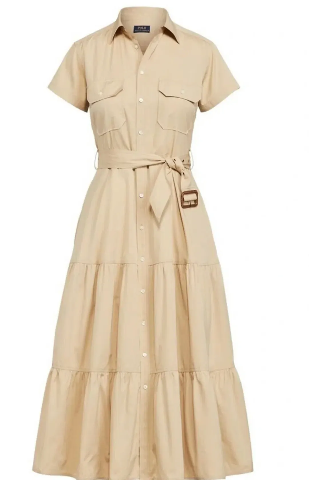 Ralph Lauren Belted Tiered Cotton Utility Midi Dress in Beige Size 6 for rent on The Volte - main image
