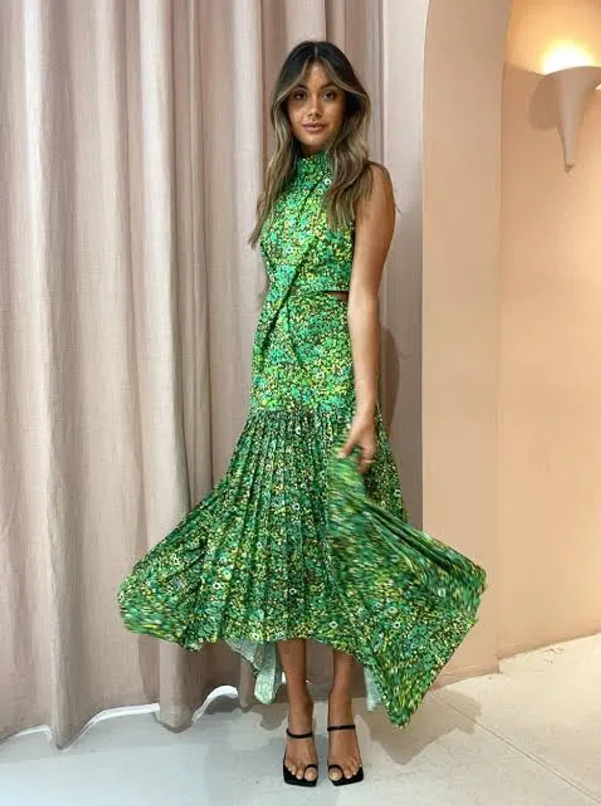 Alemais Phyllis Twist Front Pleat Midi Dress in Green Size 8 for rent on The Volte - main image