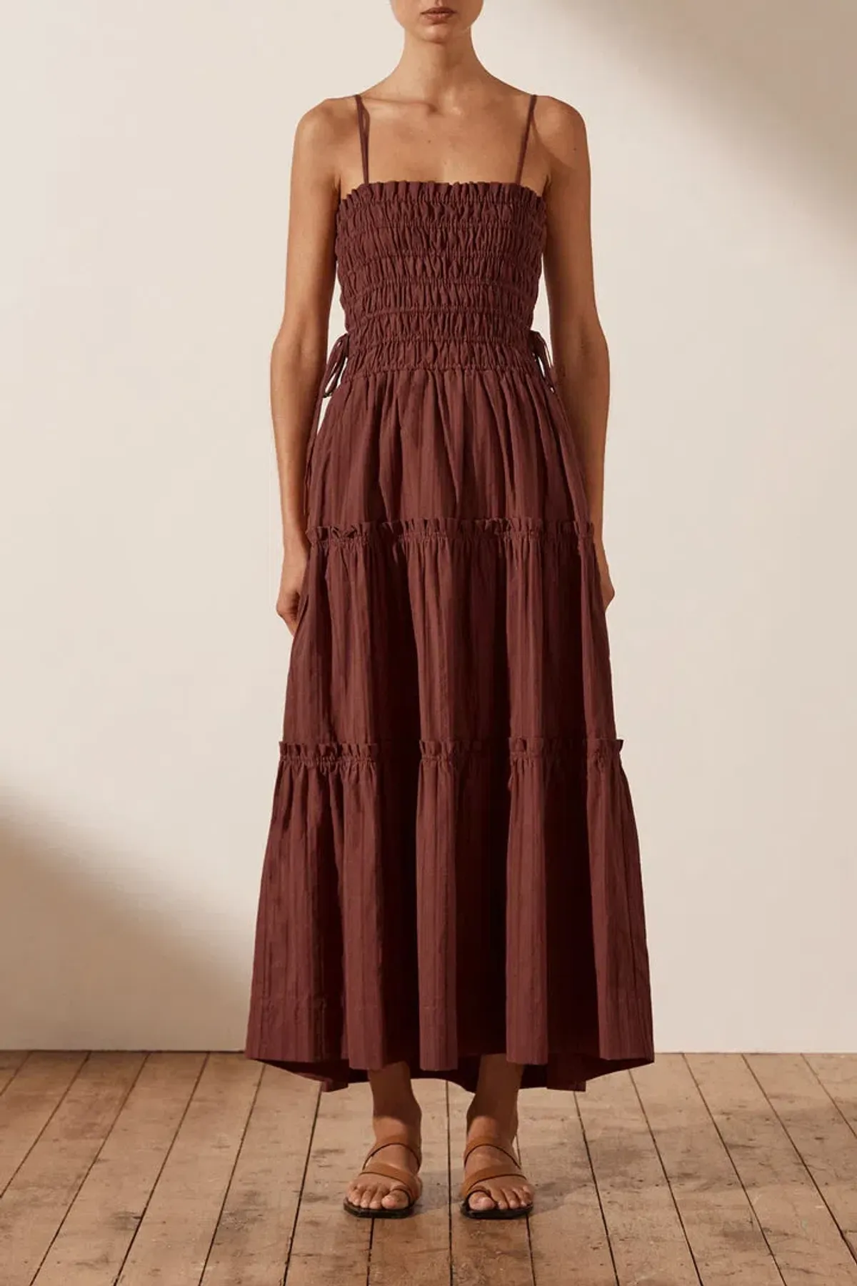 Shona Joy Kaia Shirred Tiered Midi Dress Chocolate Brown Size 14 - Image 1