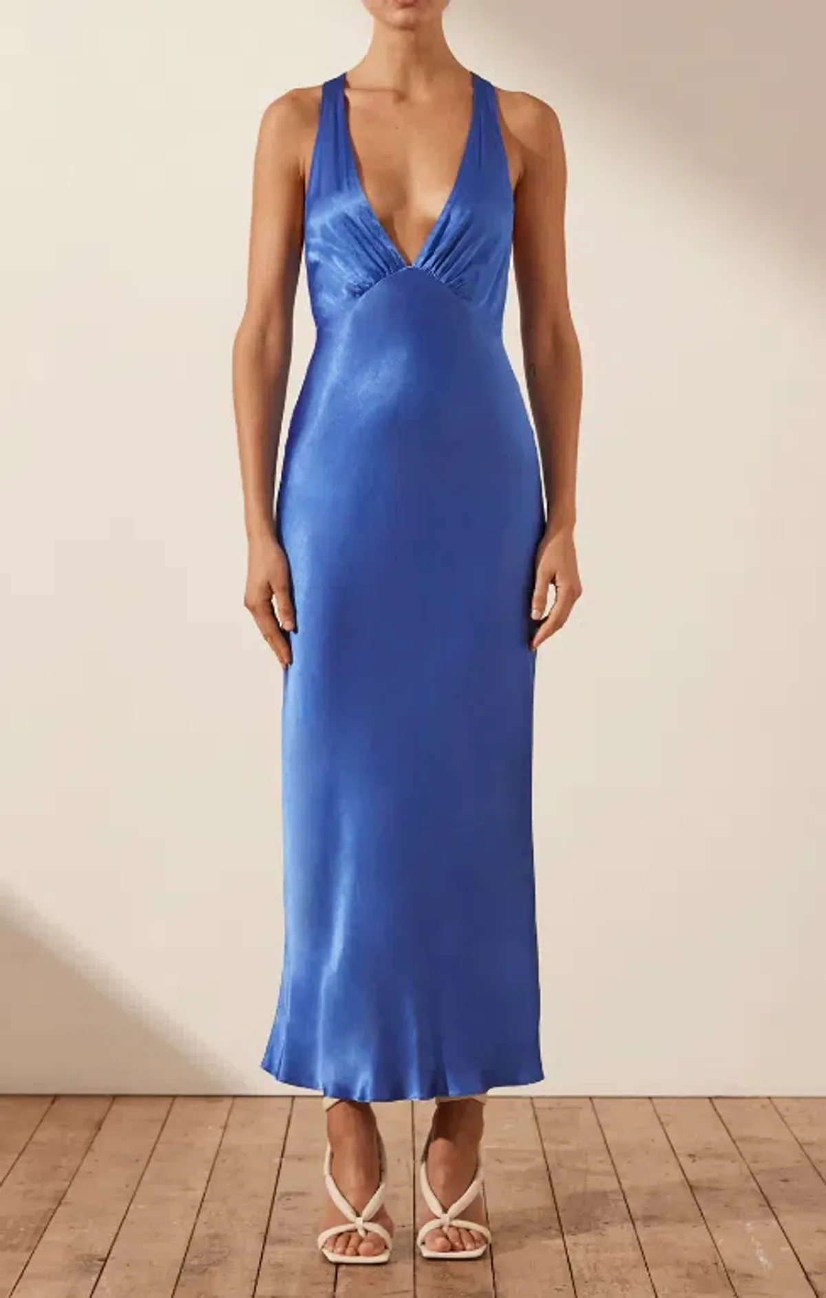 Shona Joy Oliviera Plunged Cross Back Midi Dress in Blue Size 8 / S - Image 1