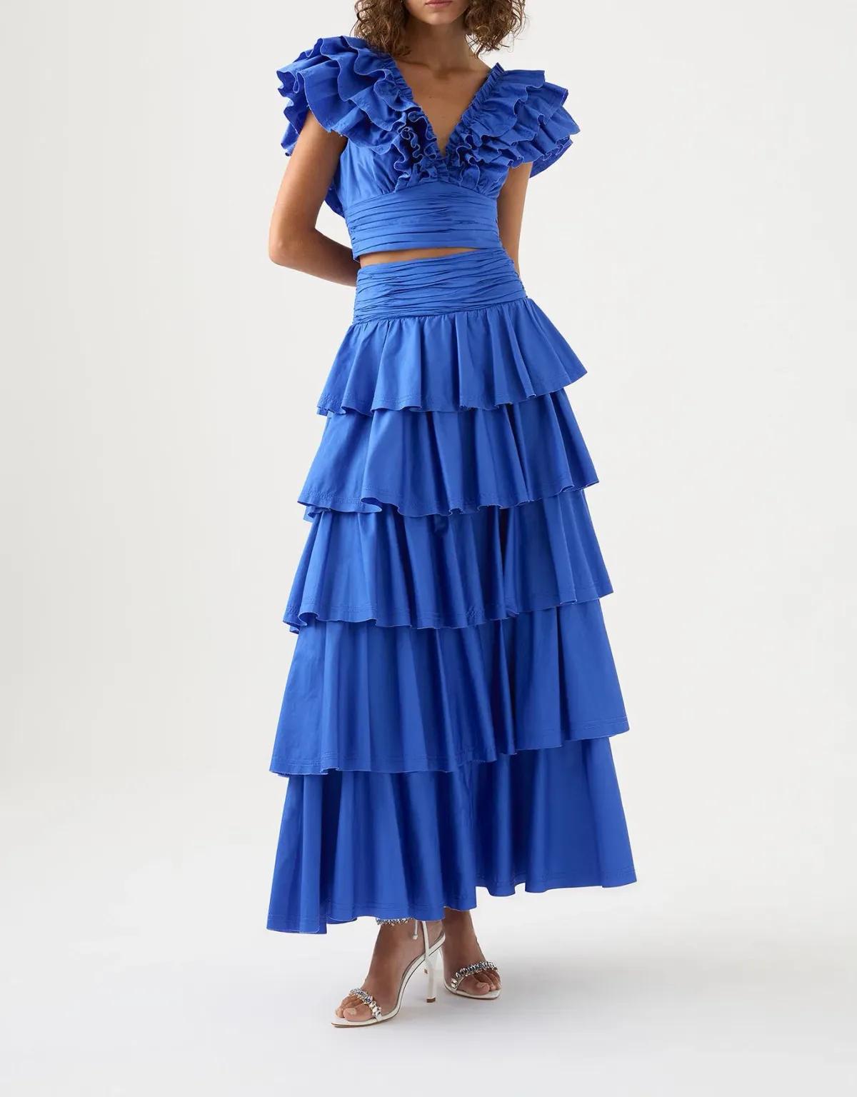 Aje Rhythmic Frill Bodice & Eleni Maxi Skirt Set Marine Blue Size 12 / L for rent on The Volte - main image
