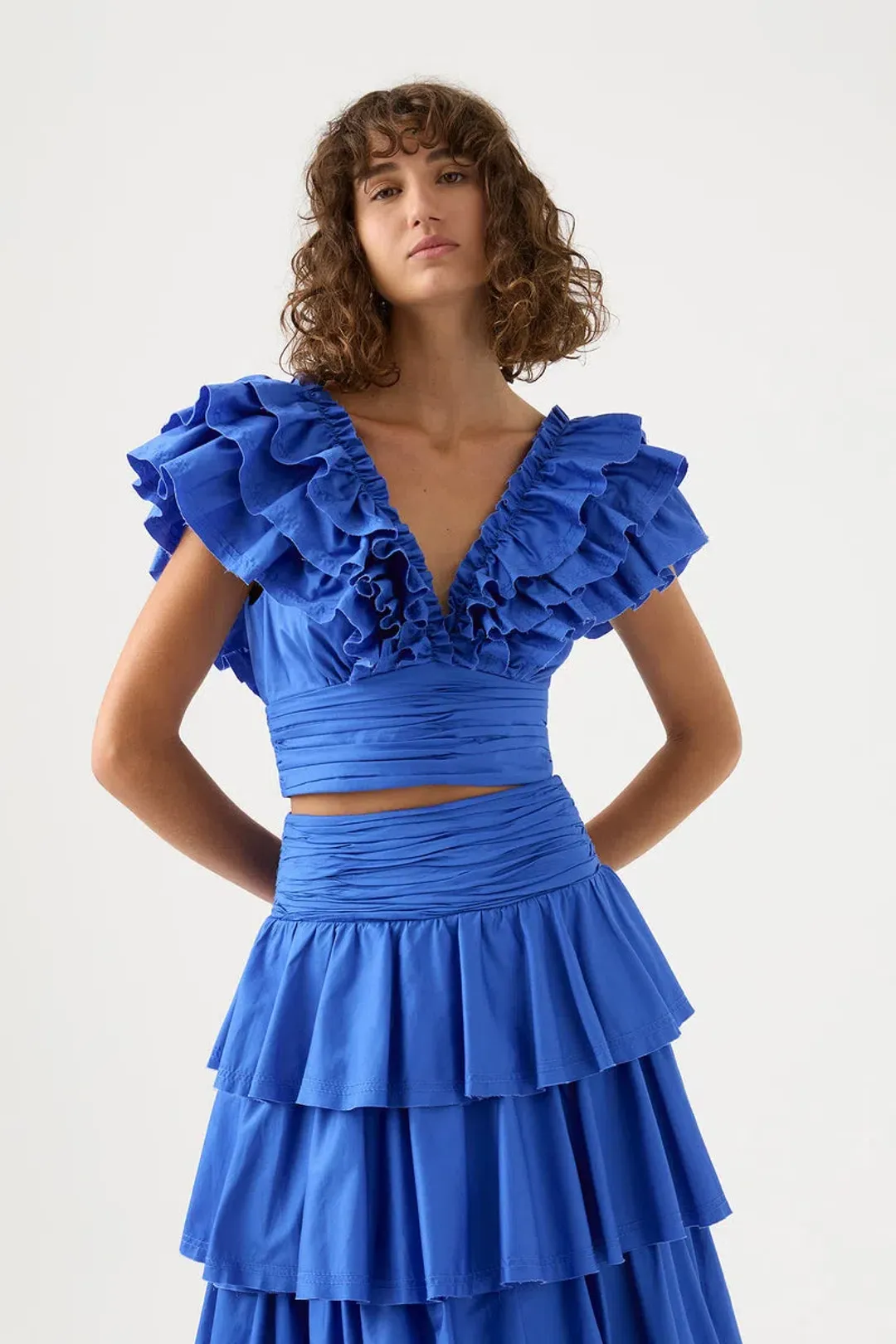 Aje Rhythmic Frill Bodice & Eleni Maxi Skirt Set Marine Blue Size 12 / L for rent on The Volte - main image