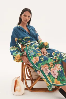Alemais Lyla Midi Shirtdress Blue Linen Long Sleeve Button Down Floral Navy Size AU 10 for rent on The Volte - image 4