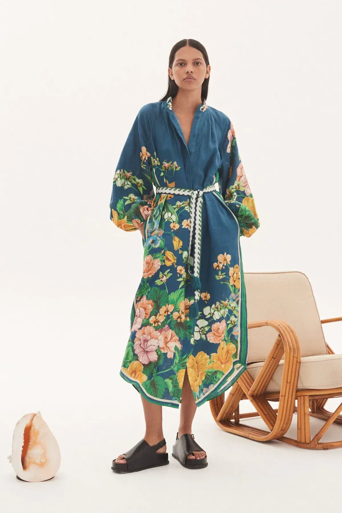 Alemais Lyla Midi Shirtdress Blue Linen Long Sleeve Button Down Floral Navy Size AU 10 for rent on The Volte - main image