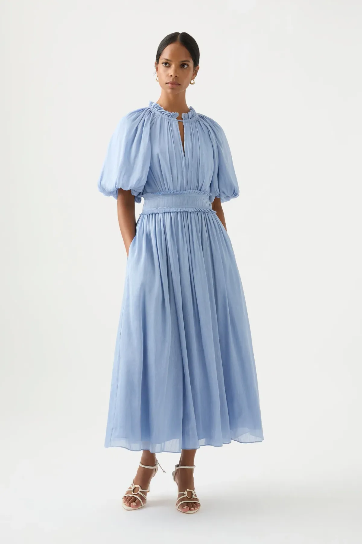 Aje Elysium Blouson Midi Dress Steel Blue Size 14 for rent on The Volte - main image