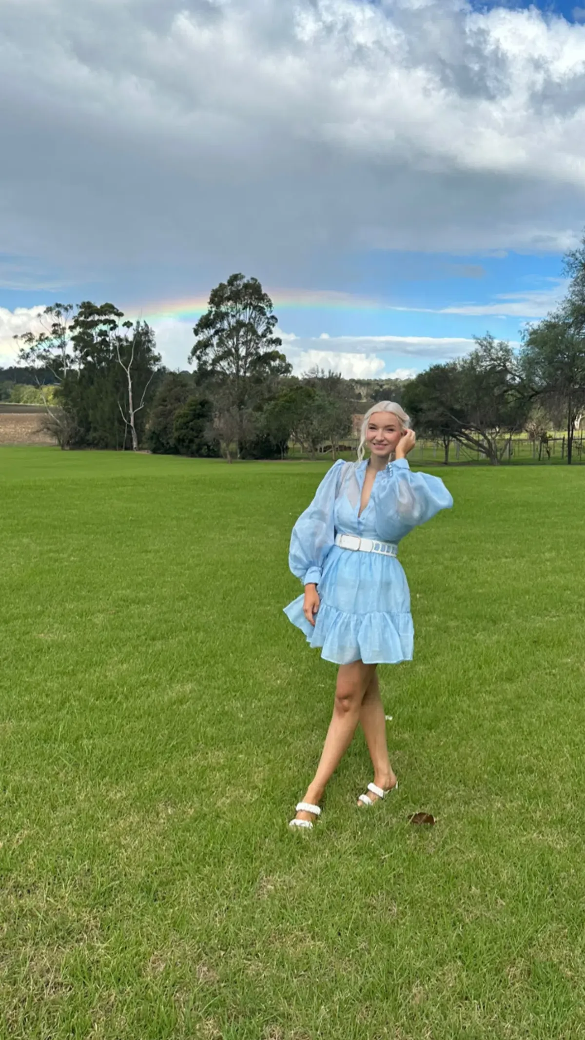Leo Lin Alexandra Belted Mini Dress Cornflower Blue Size AU 10 for rent on The Volte - main image