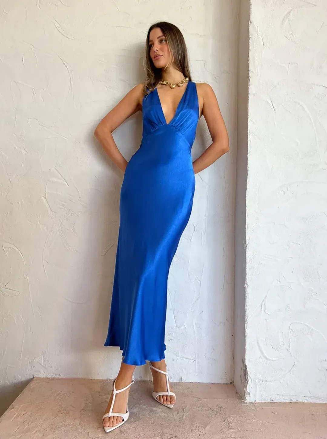 Shona Joy Oliviera Plunged Cross Back Midi Dress Blue Size 10 for rent on The Volte - main image