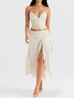 House of CB Antonella Vegan Leather Corset and Kaira Draped Midi Skirt Set Off White Size 8 for rent on The Volte - image 1