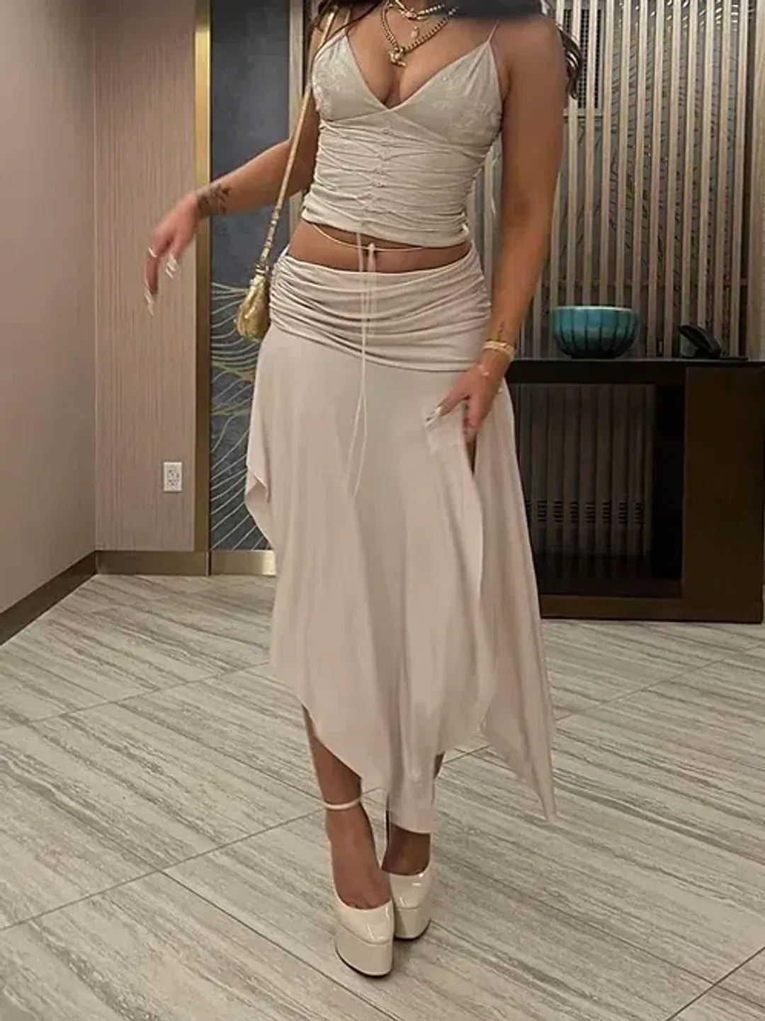 House of CB Antonella Vegan Leather Corset and Kaira Draped Midi Skirt Set Off White Size 8 for rent on The Volte - main image