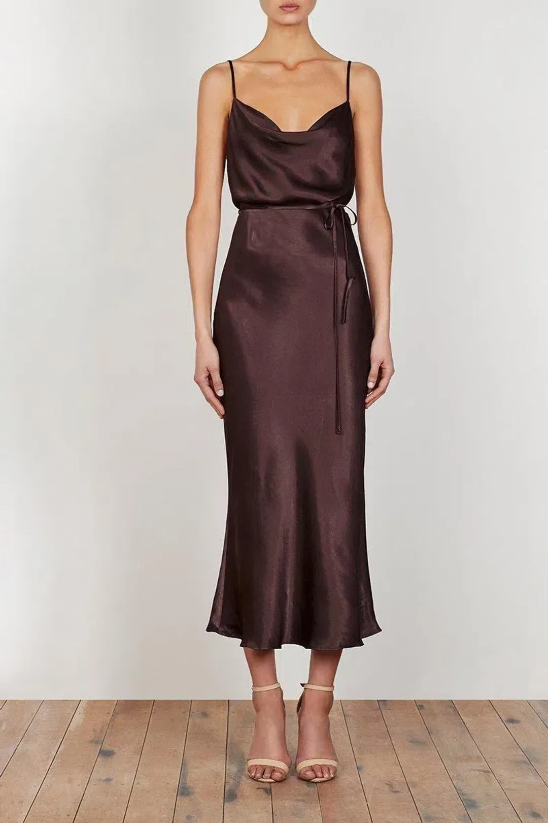Shona Joy Bias Cowl Midi Dress Chocolate Size 10 for rent on The Volte - main image