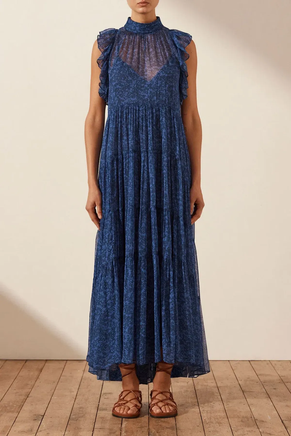 Shona Joy Saldanha High Neck Tiered Maxi Dress Blue Size 10 / M for rent on The Volte - main image