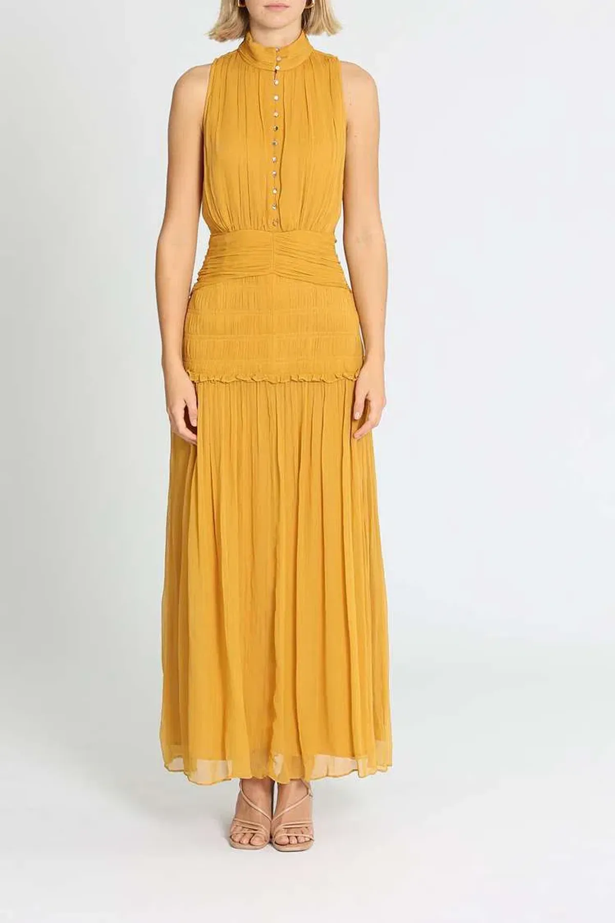 Shona Joy Leonie High Neck Button Up Midi Dress in Mimosa Size 10 for rent on The Volte - main image