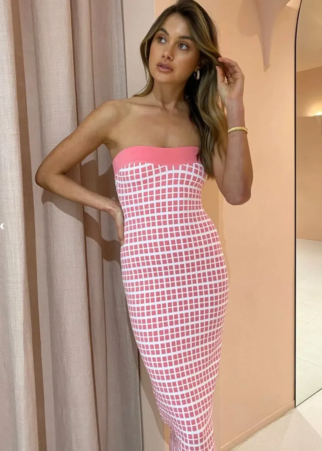 By Johnny Isabella Check Strapless Knit Dress Pink Size Small/Au 8 for rent on The Volte - main image